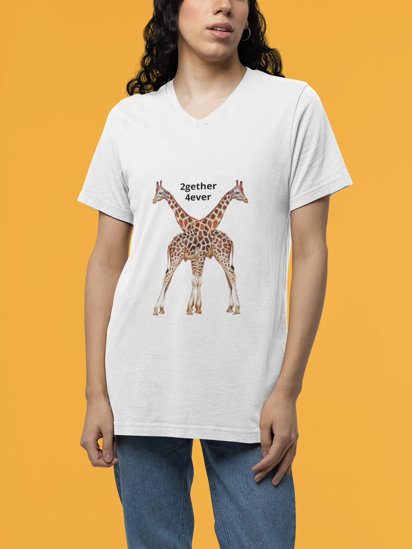 Giraffe Couple Romantic Unisex V-Neck Tee for Animal Lovers