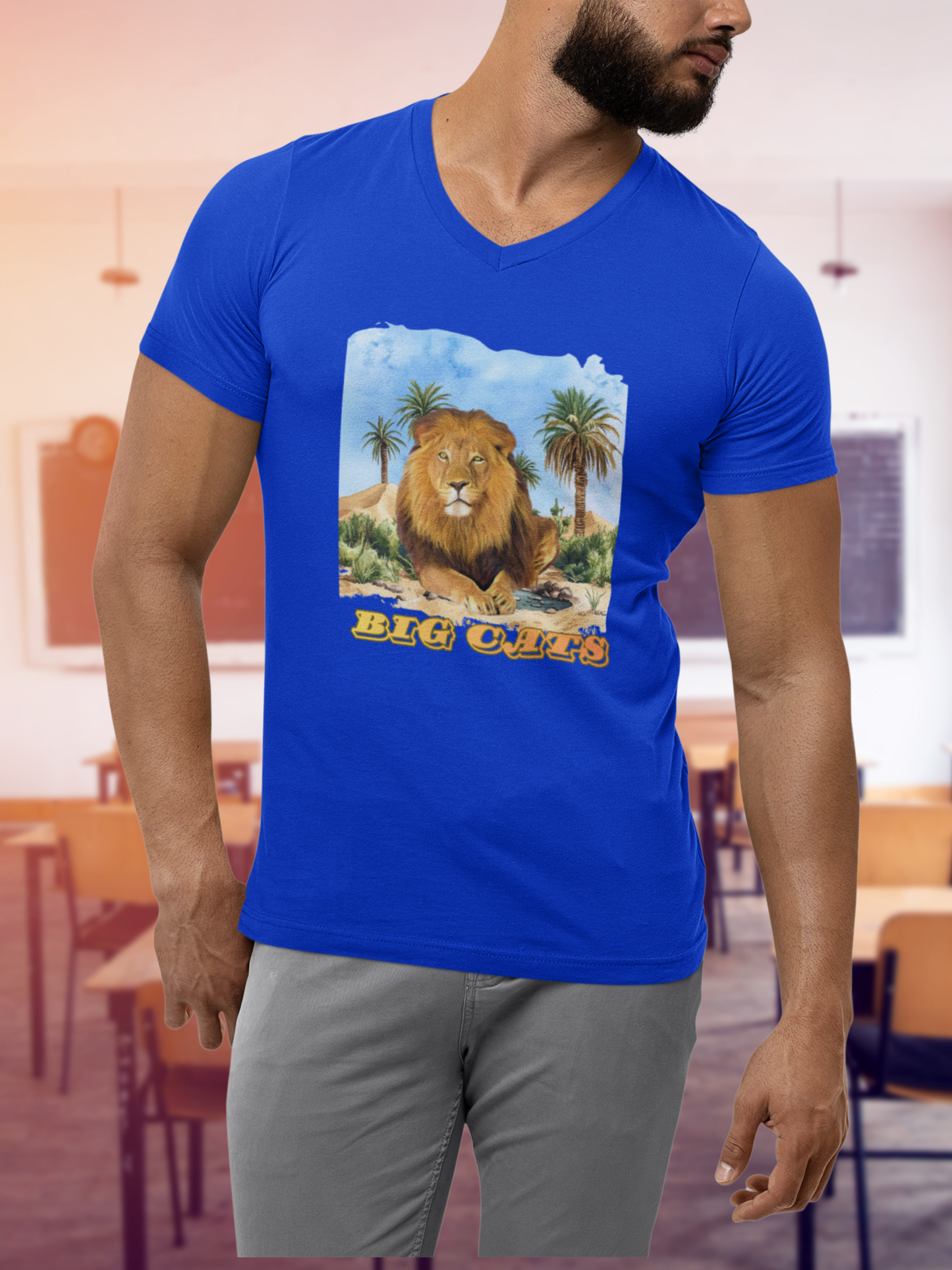 Men's Big Cats Trio V-Neck Tee — Cheetah, Lion, & Tiger
