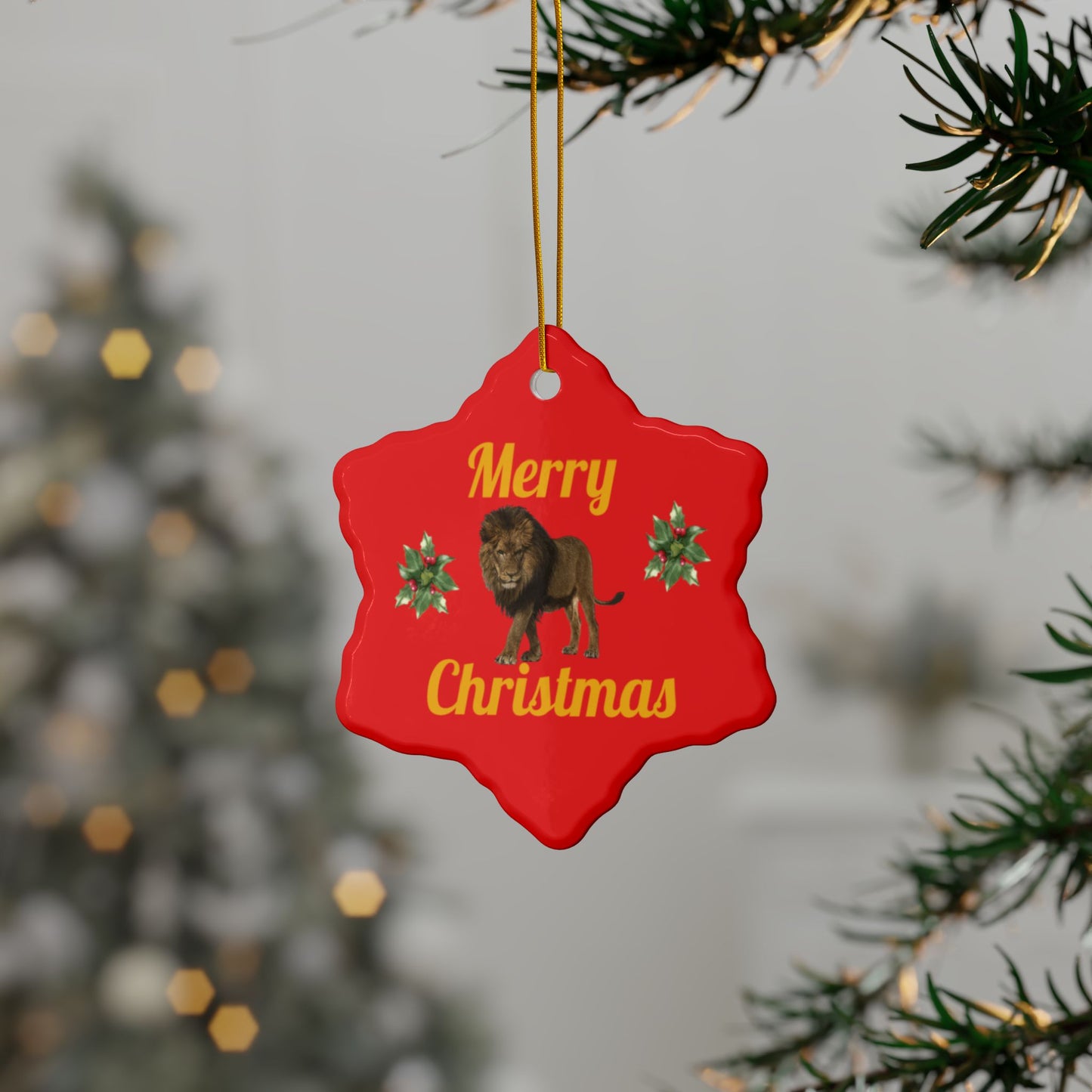 Lion 'Merry Christmas' Holiday Ceramic Ornament (Set 0f 1, 3 or 5)