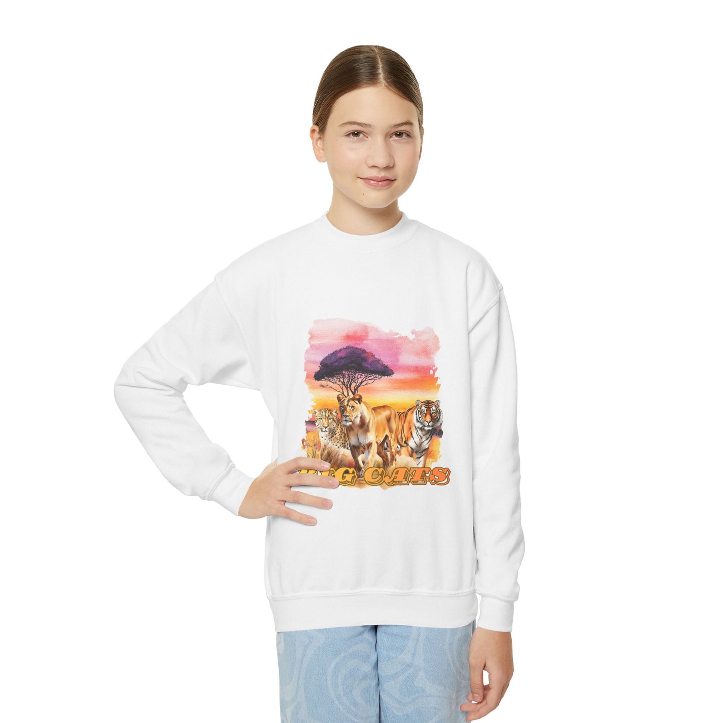 Girls Trio Big Cats Crewneck Sweatshirt - Cheetah, Lioness and Tiger