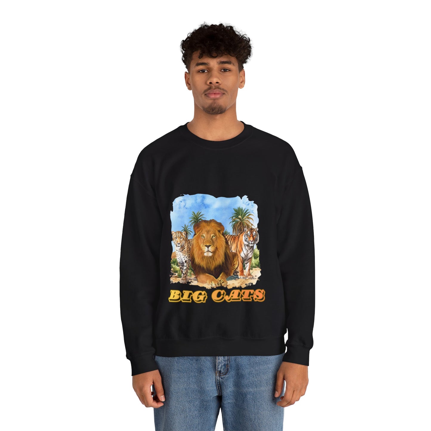 Men's Big Cats Graphic Crewneck Sweatshirt — Lion, Tiger & Cheetah