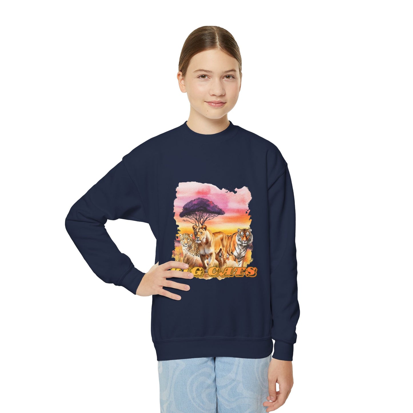 Girls Trio Big Cats Crewneck Sweatshirt - Cheetah, Lioness and Tiger