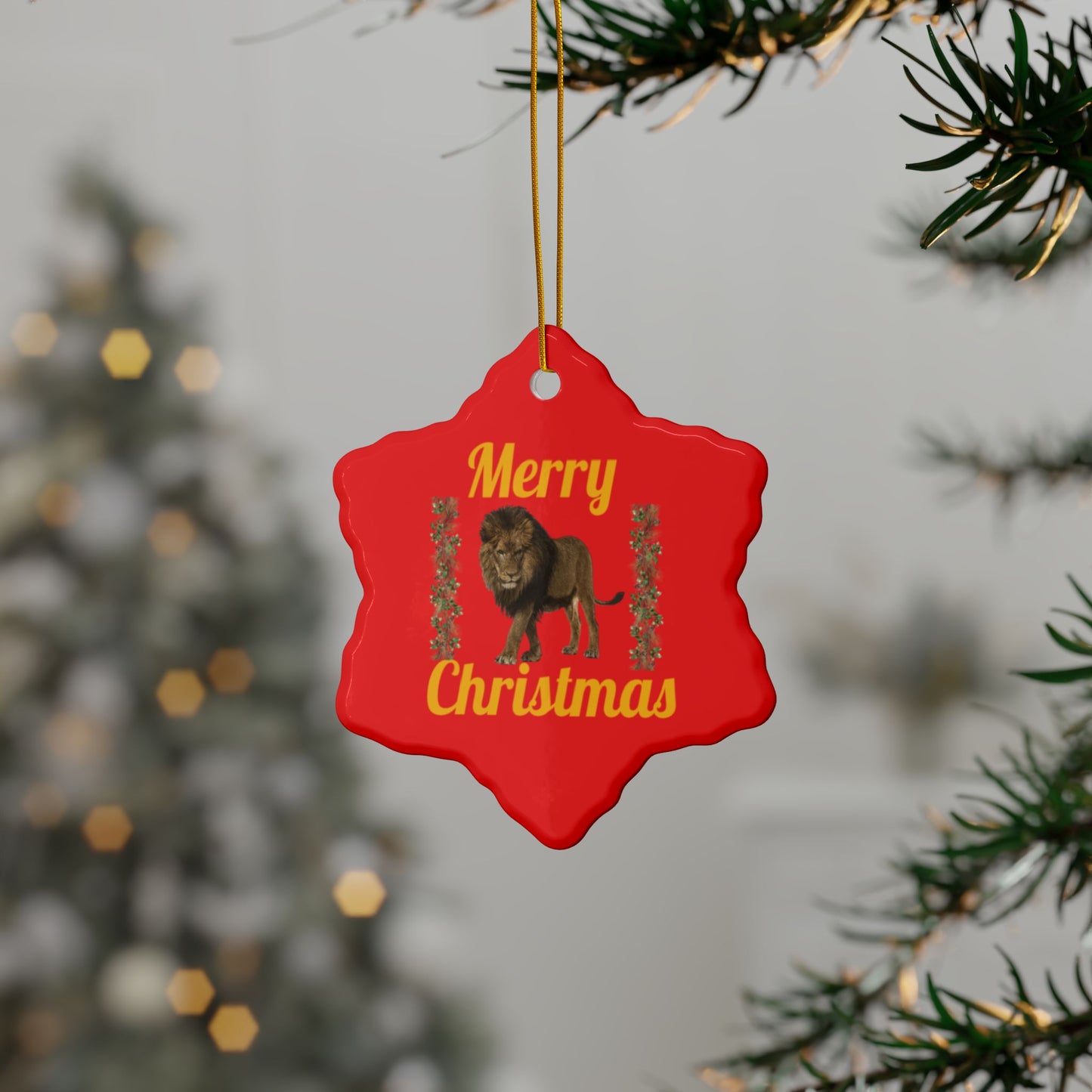 Lion 'Merry Christmas' Holiday Ceramic Ornament (Set 0f 1, 3 or 5)