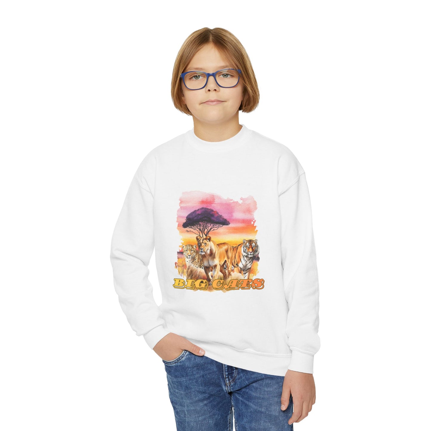 Girls Trio Big Cats Crewneck Sweatshirt - Cheetah, Lioness and Tiger