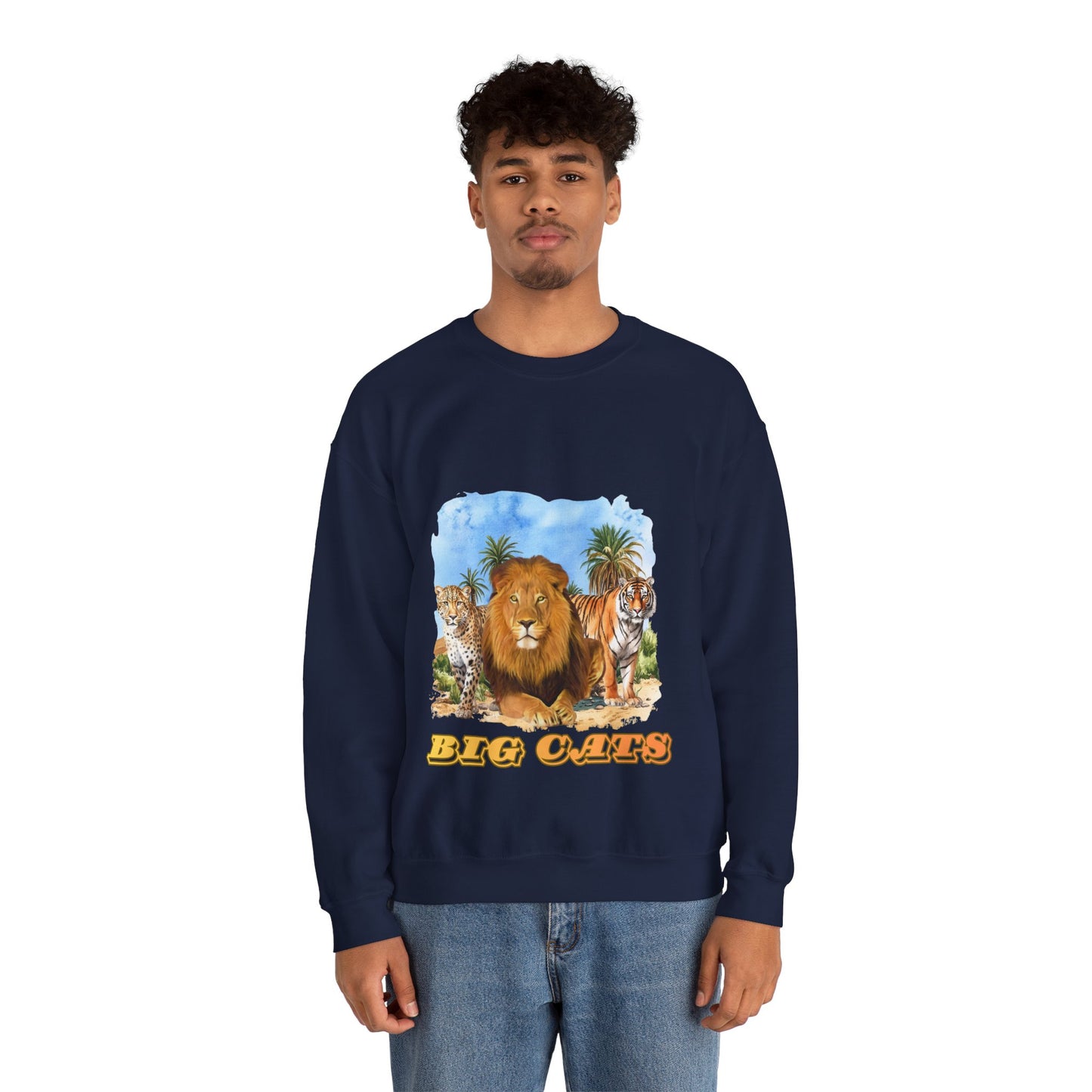 Men's Big Cats Graphic Crewneck Sweatshirt — Lion, Tiger & Cheetah