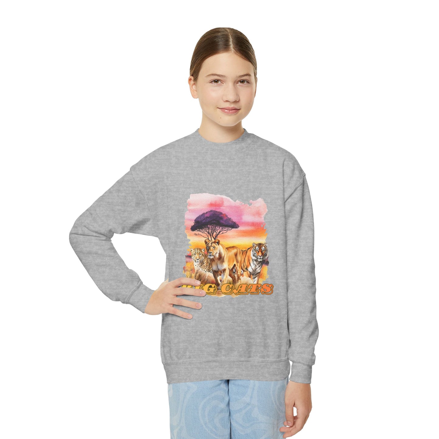 Girls Trio Big Cats Crewneck Sweatshirt - Cheetah, Lioness and Tiger