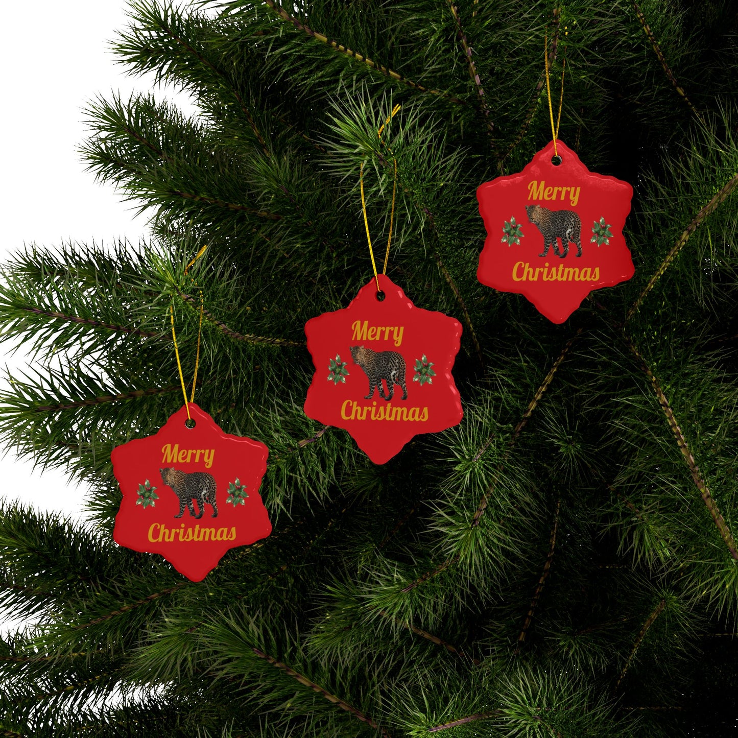 Red “Merry Christmas” Leopard Double-Sided Christmas Ornament - Set of 1, 3 or 5