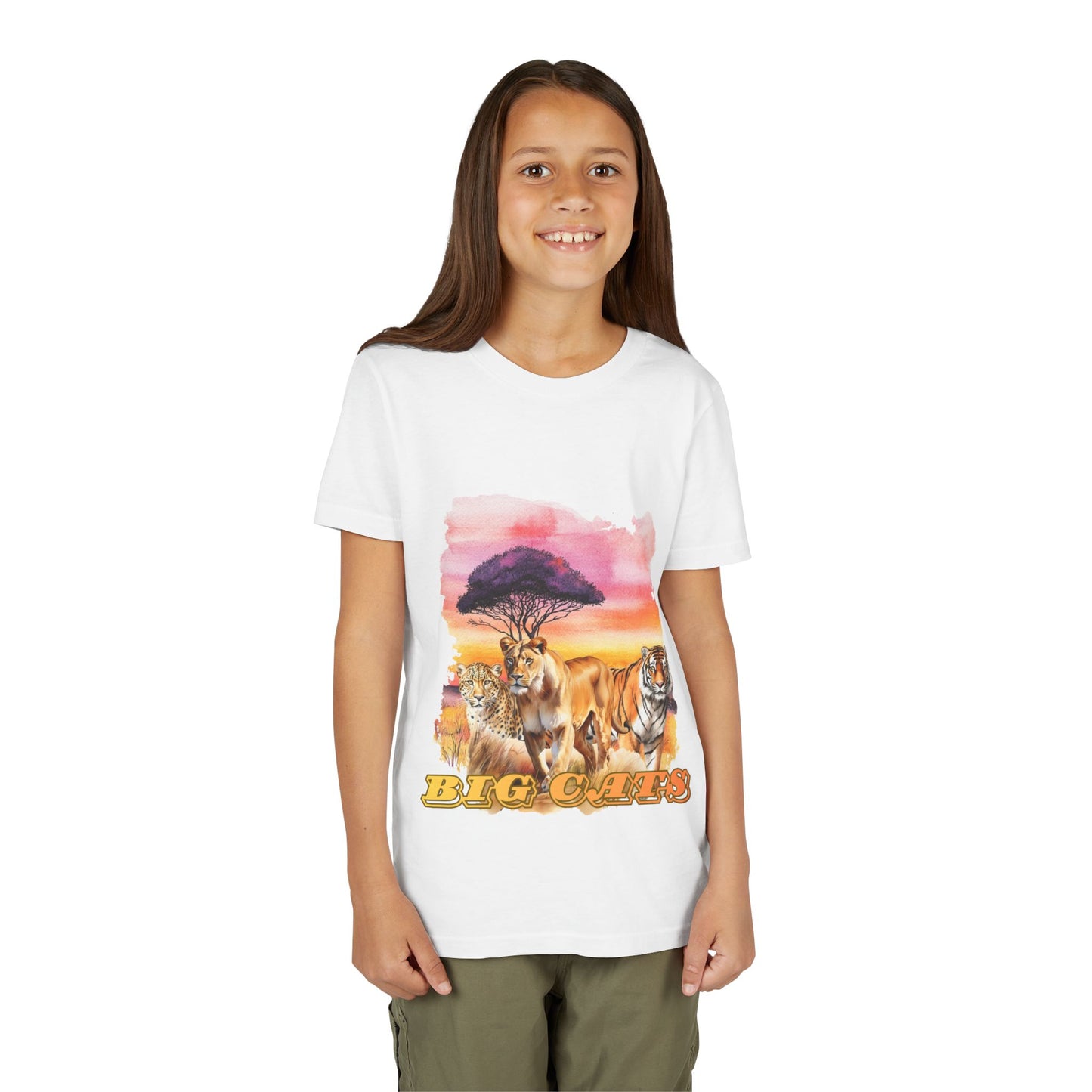 Girls Big Cats Trio Graphic Kids T-Shirt (Lion, Tiger, Cheetah)