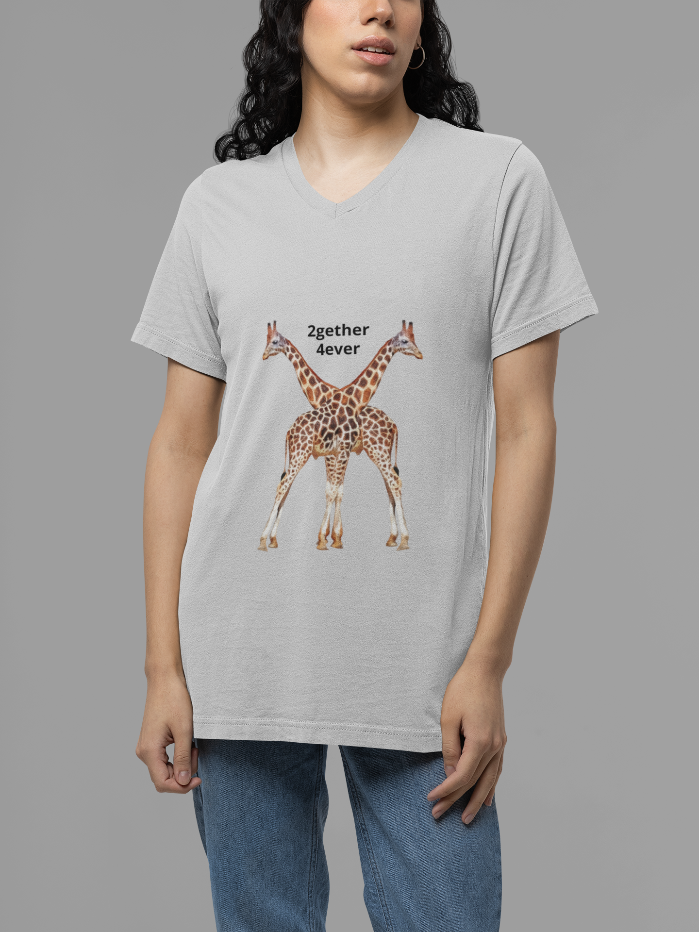 Giraffe Couple Romantic Unisex V-Neck Tee for Animal Lovers