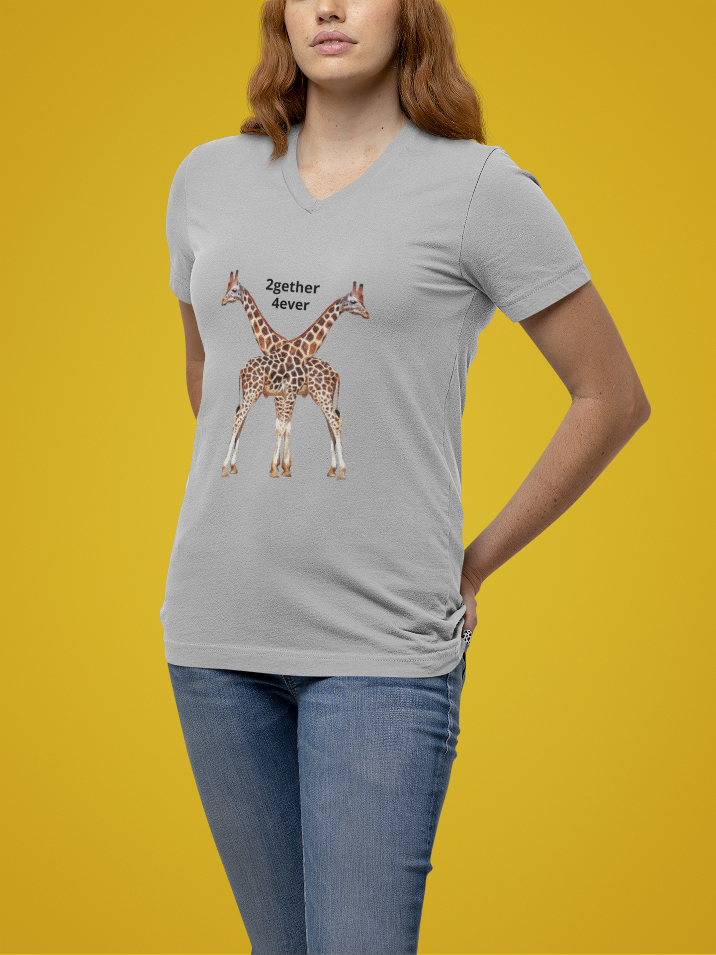 Giraffe Couple Romantic Unisex V-Neck Tee for Animal Lovers