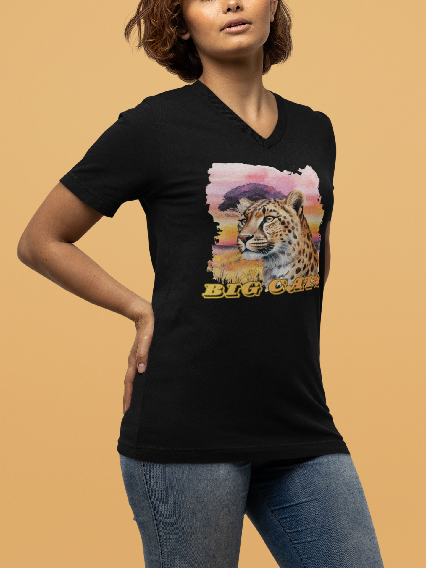 Women's Cheetah Big Cats V-Neck Tee
