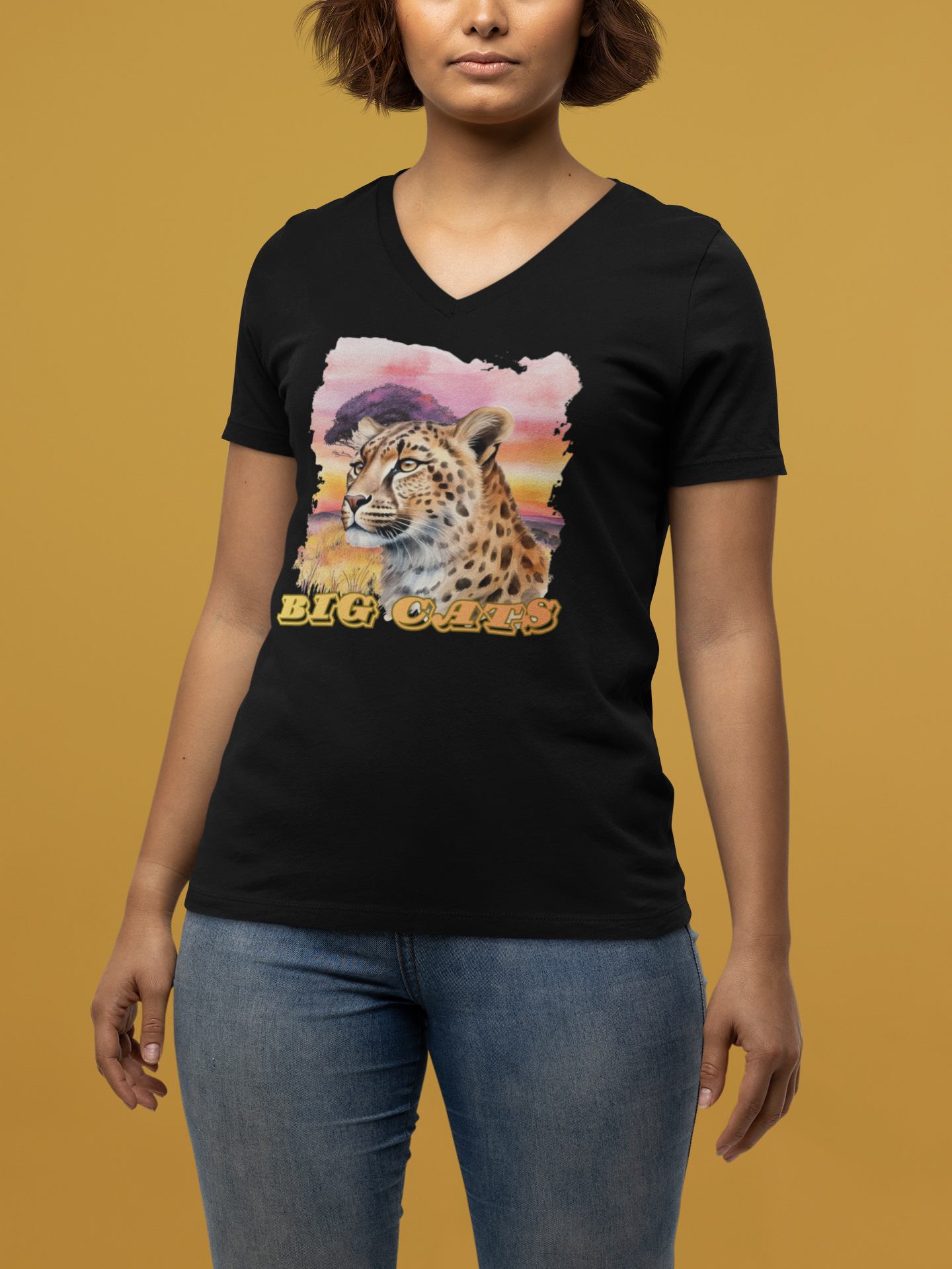 Women's Cheetah Big Cats V-Neck Tee