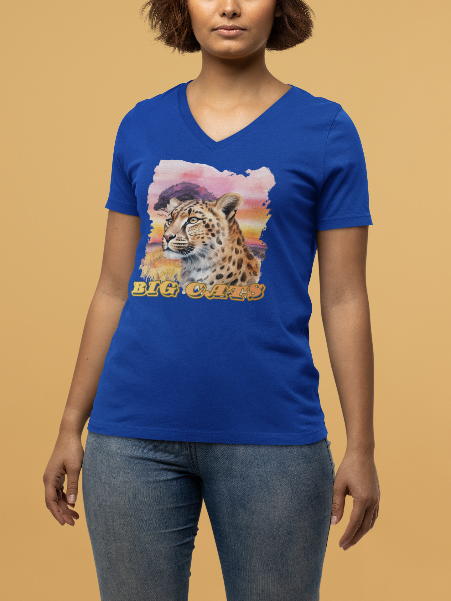 Women's Cheetah Big Cats V-Neck Tee