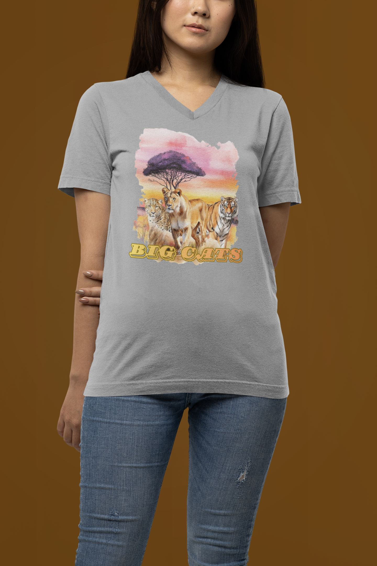 Women's Big Cats Trio V-Neck Tee – Lion, Tiger & Cheetah