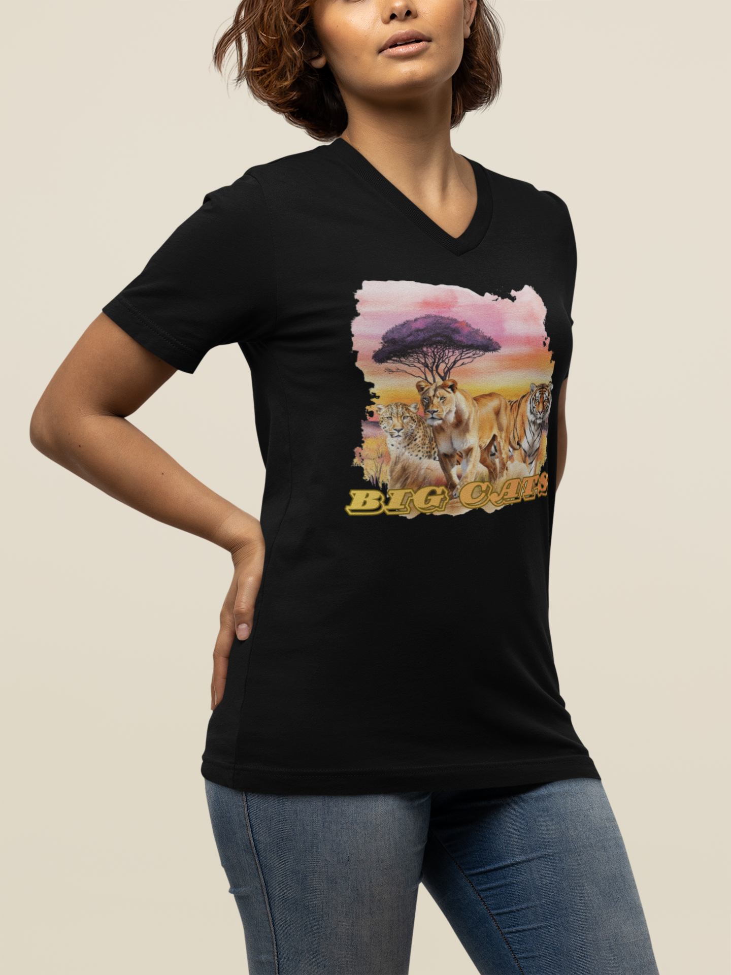 Women's Big Cats Trio V-Neck Tee – Lion, Tiger & Cheetah