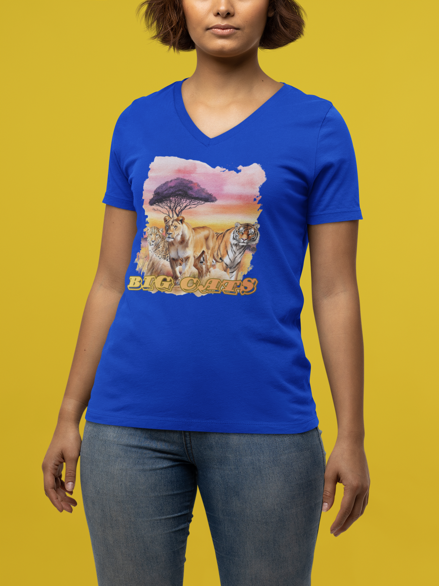 Women's Big Cats Trio V-Neck Tee – Lion, Tiger & Cheetah