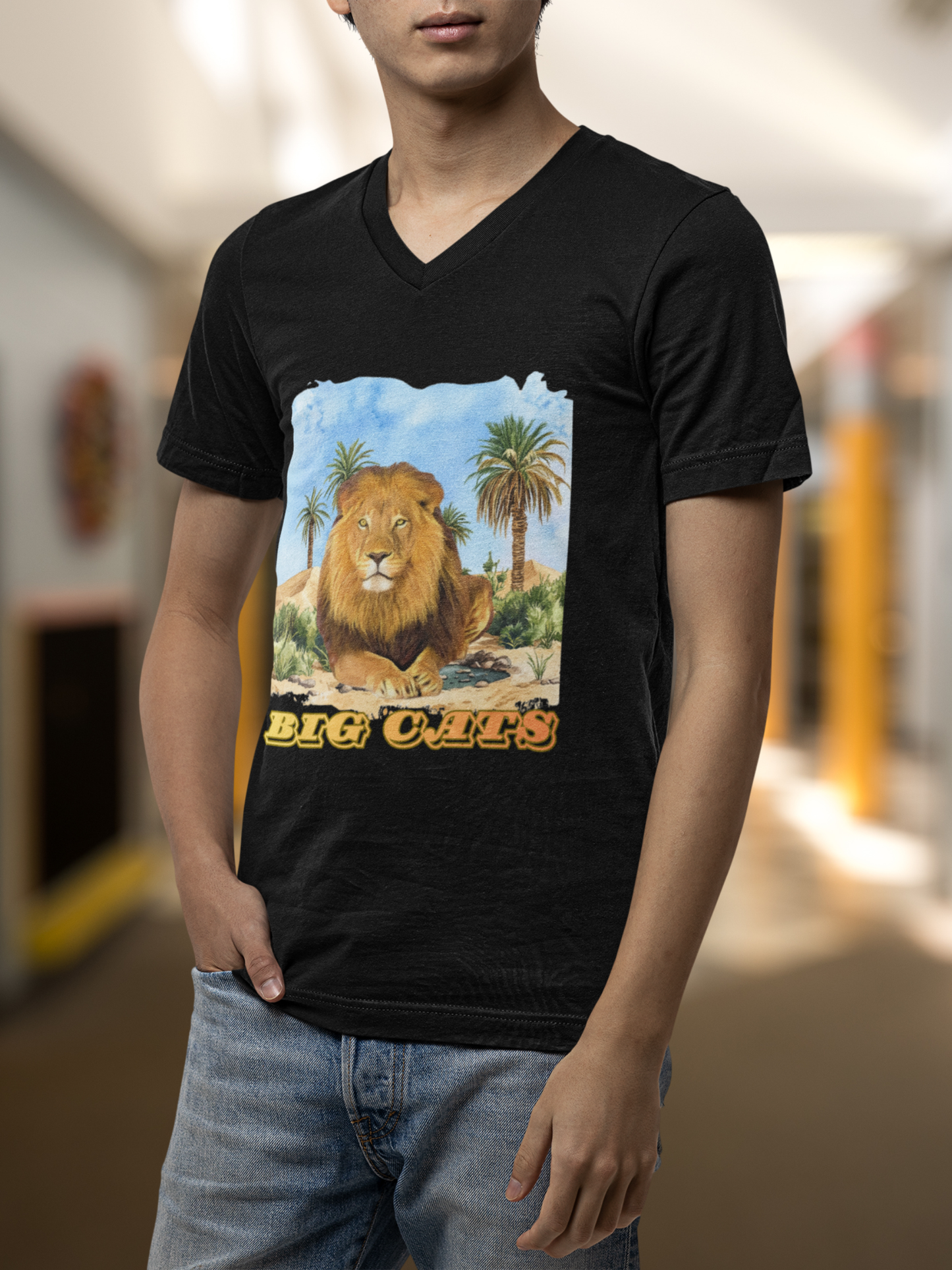 Men's Lion Big Cats Short Sleeve V-Neck Tee