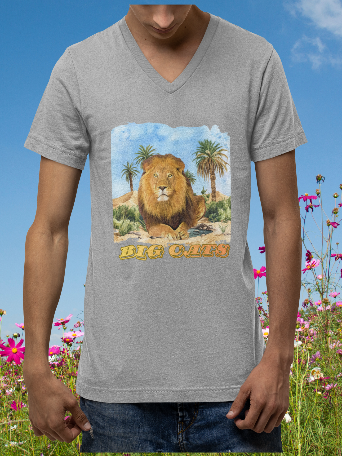 Men's Lion Big Cats Short Sleeve V-Neck Tee