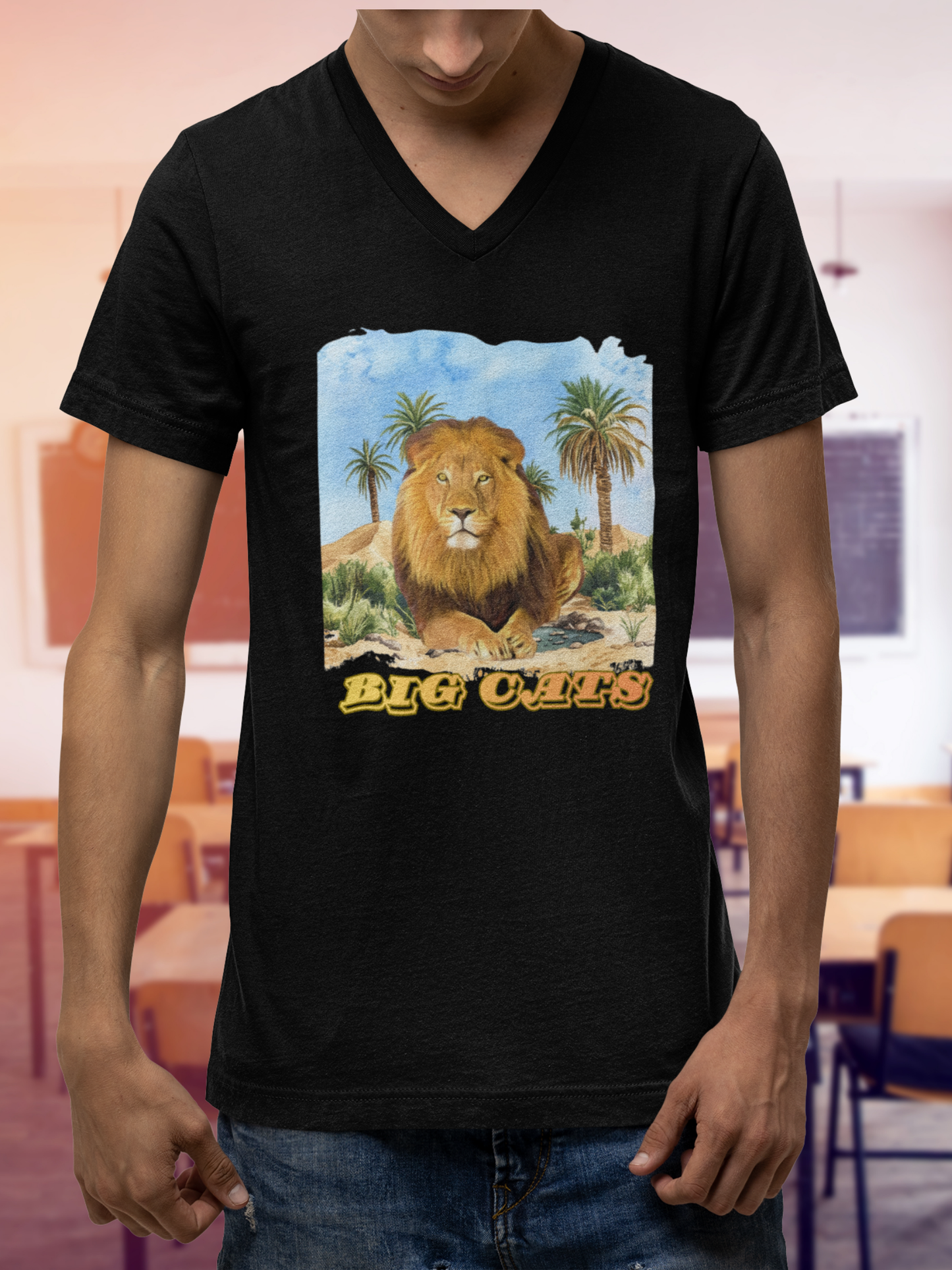 Men's Big Cats Trio V-Neck Tee — Cheetah, Lion, & Tiger