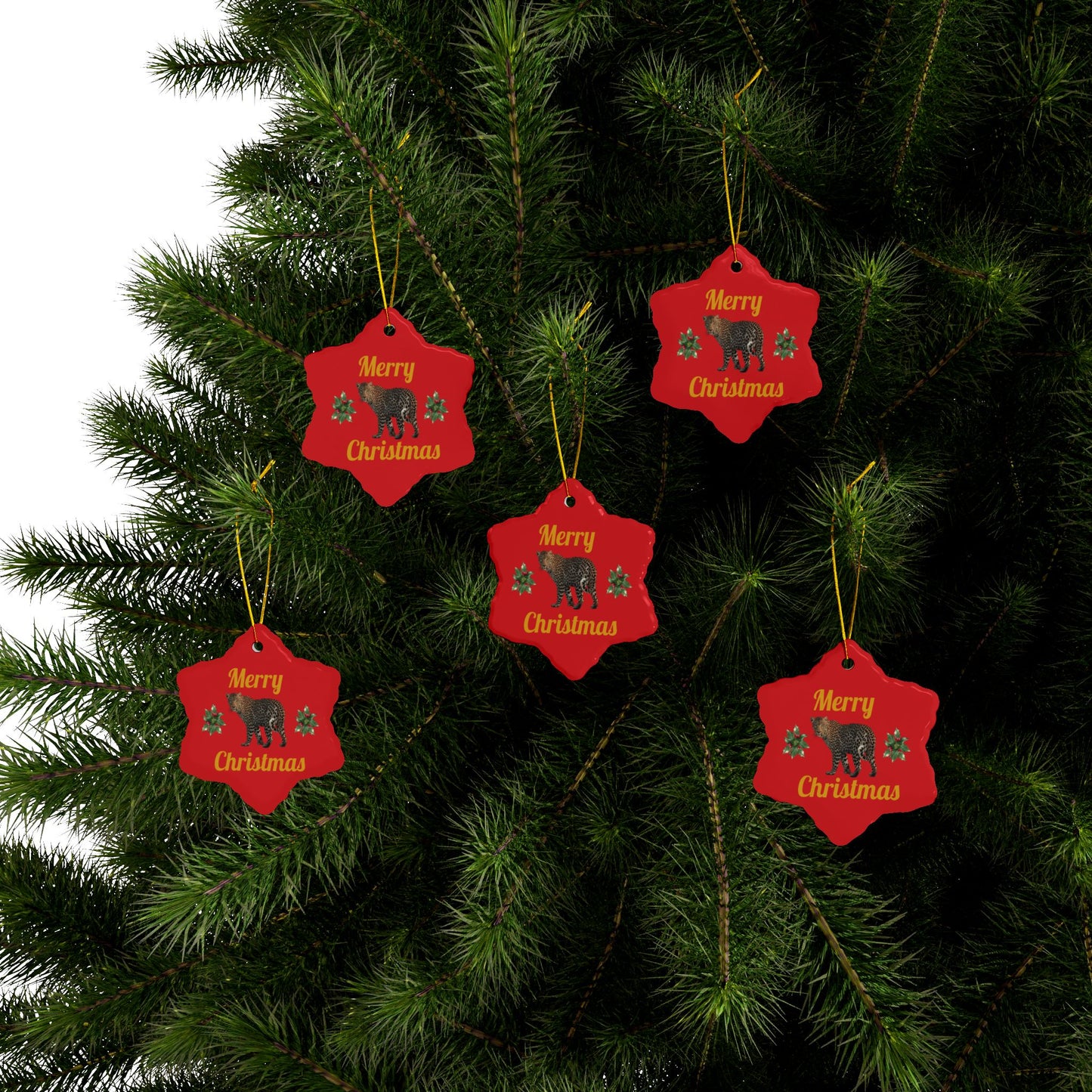 Red “Merry Christmas” Leopard Double-Sided Christmas Ornament - Set of 1, 3 or 5