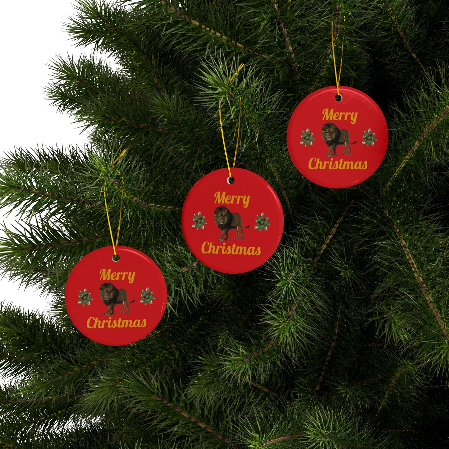 Lion 'Merry Christmas' Holiday Ceramic Ornament (Set 0f 1, 3 or 5)
