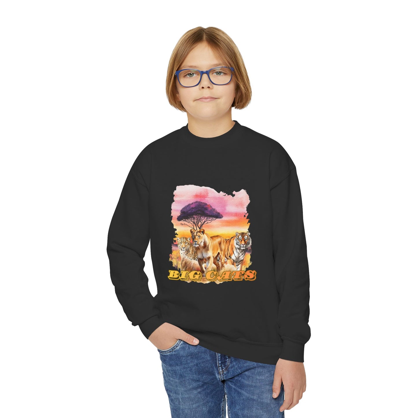 Girls Trio Big Cats Crewneck Sweatshirt - Cheetah, Lioness and Tiger