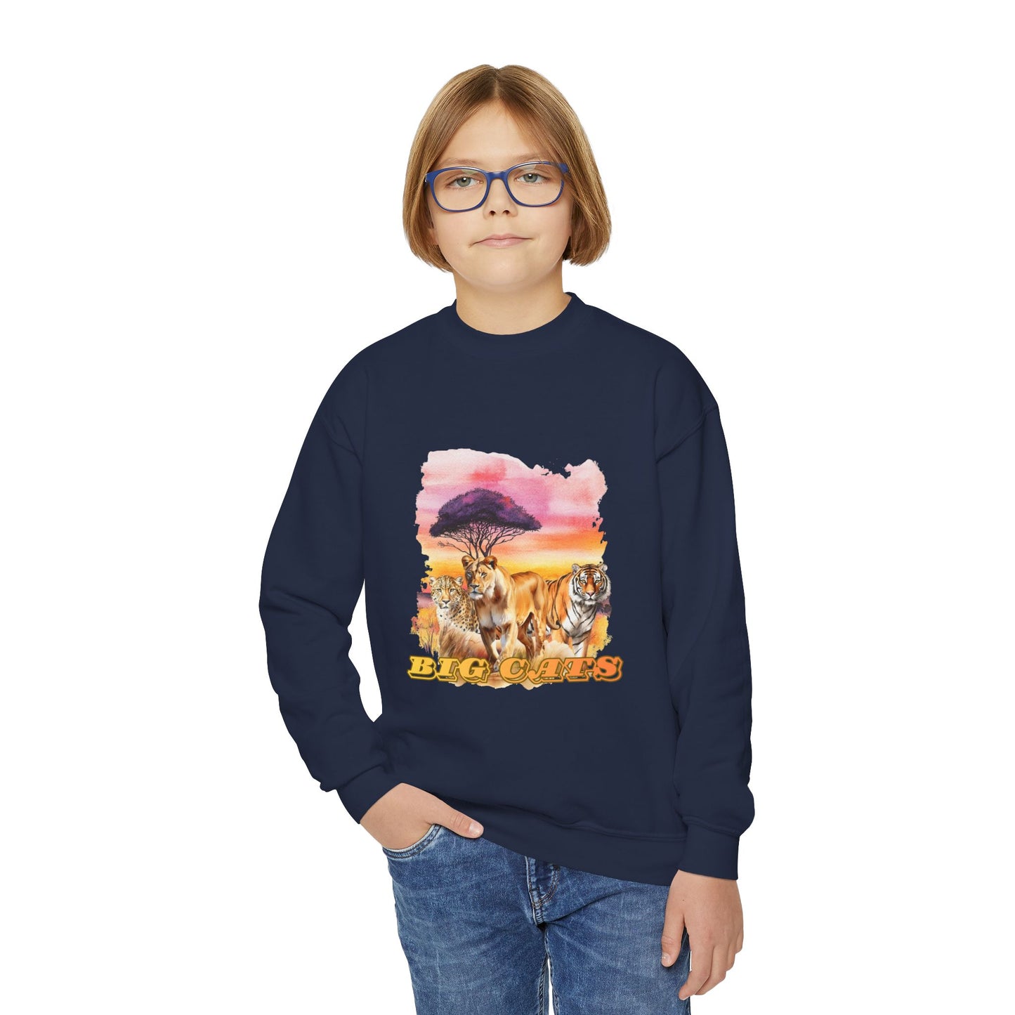 Girls Trio Big Cats Crewneck Sweatshirt - Cheetah, Lioness and Tiger