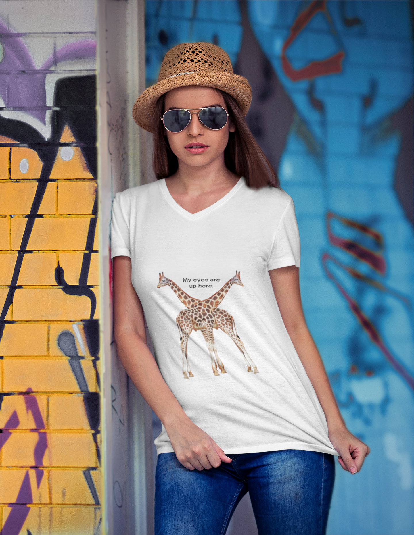 Women's wild animal themed T-shirt with two giraffes