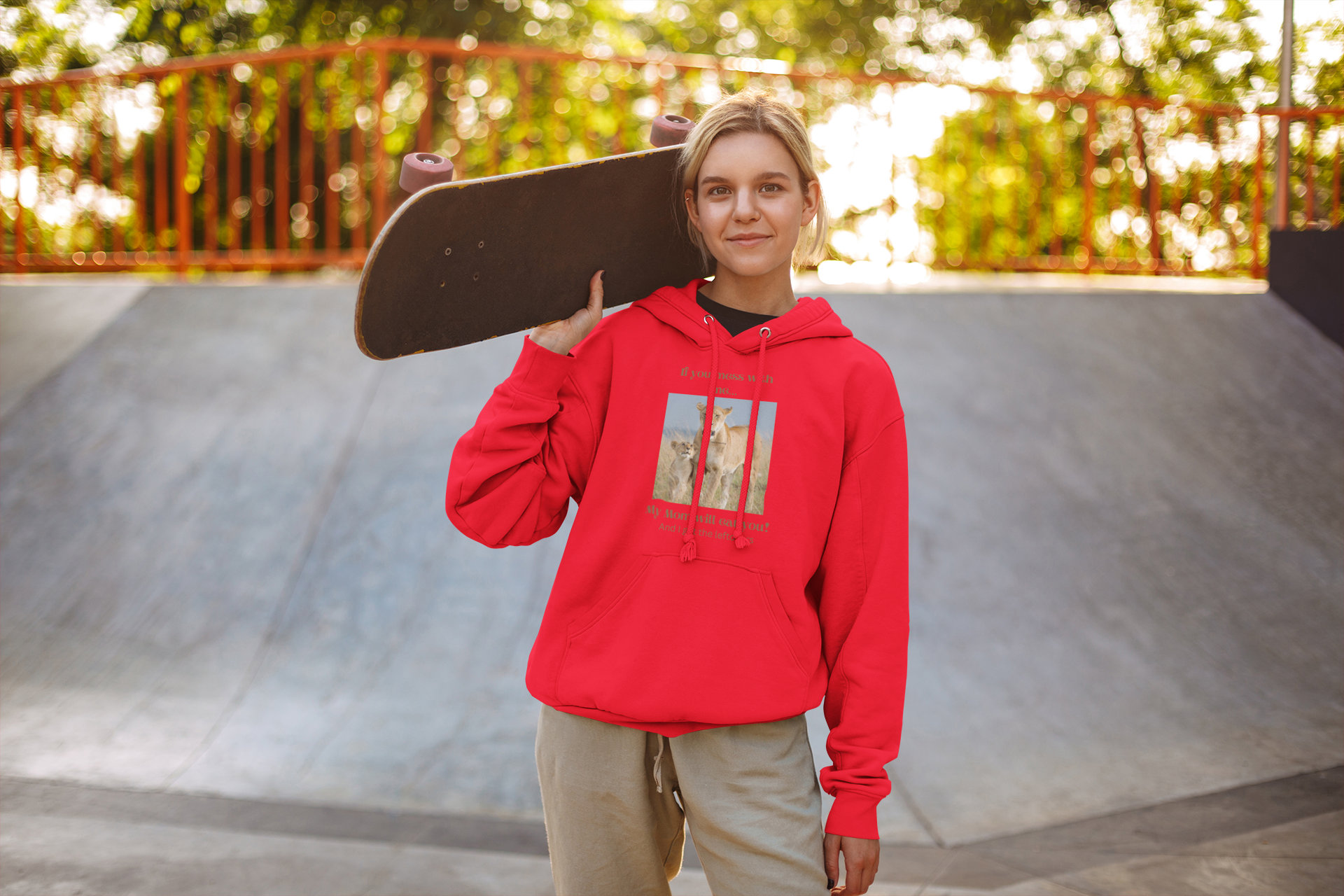 Girl in a Hooded Sweatshirt, or Hoodie, with a wild animal on it.