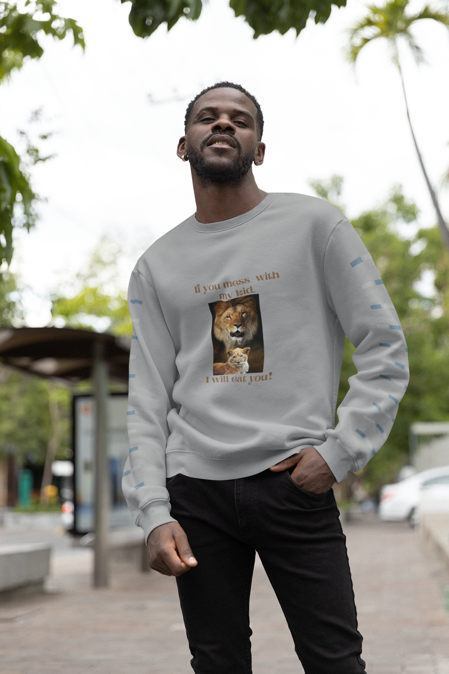 Men's Sweatshirt with a wild animal theme picturing a Lion and Cub